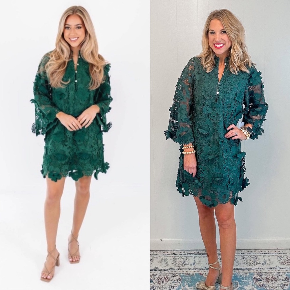 Elegant Green Floral Lace Shift Dress - Women's